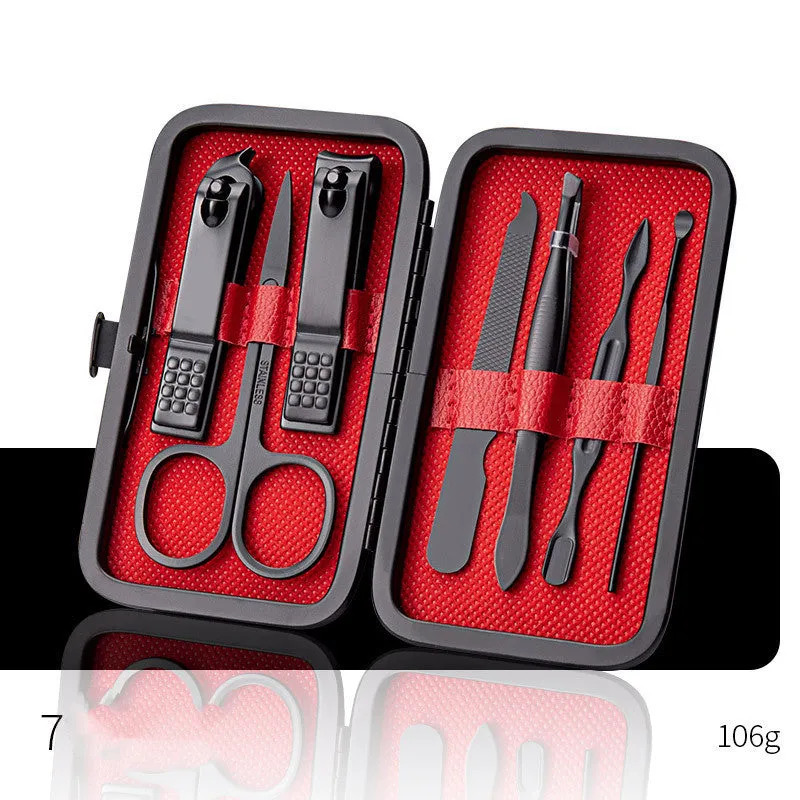 Professional stainless steel manicure and pedicure tool set in black leather case with nail clippers, cuticle pliers, and cuticle knife