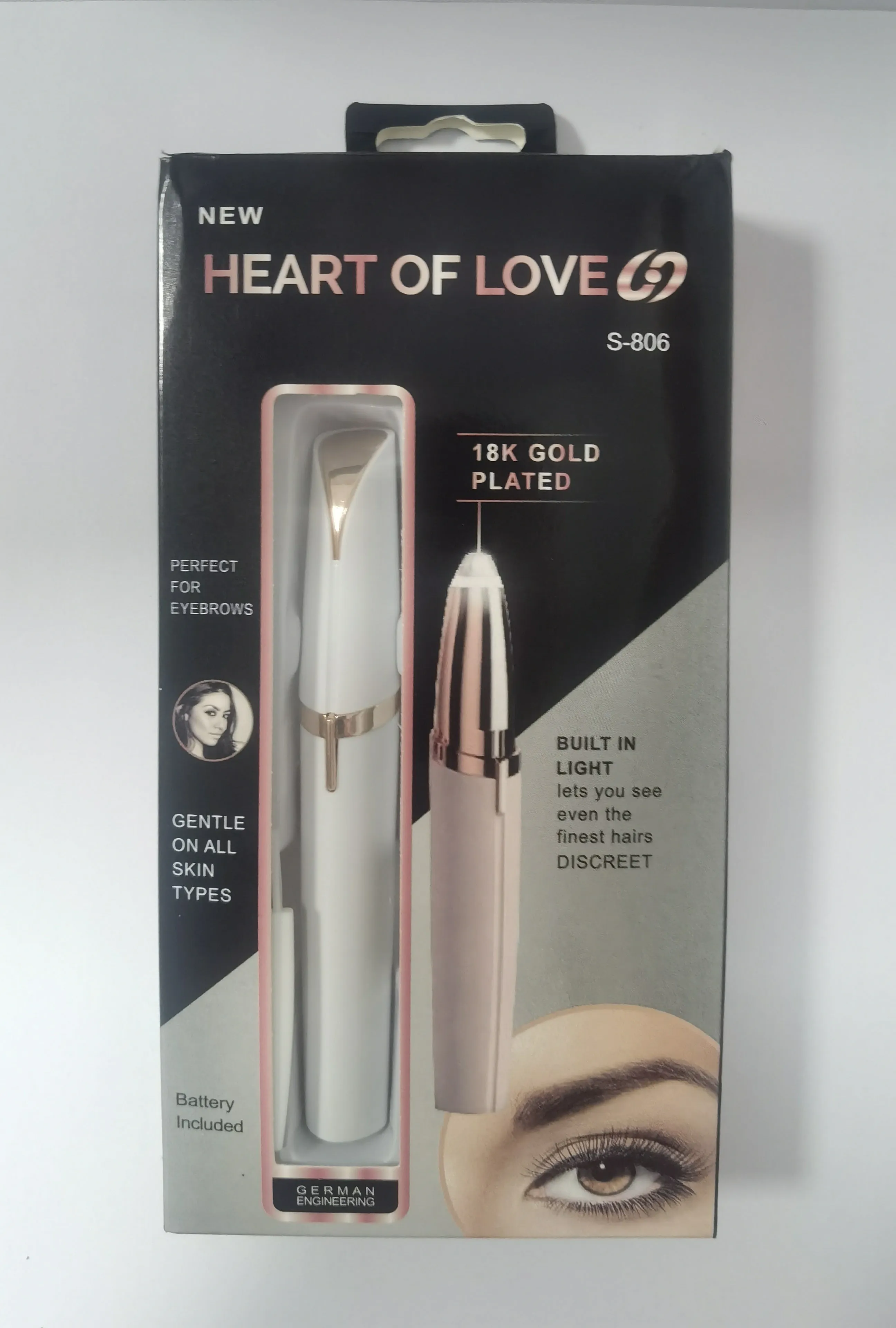 Mini electric eyebrow trimmer lipstick style with LED light and gold plated head for painless hair removal