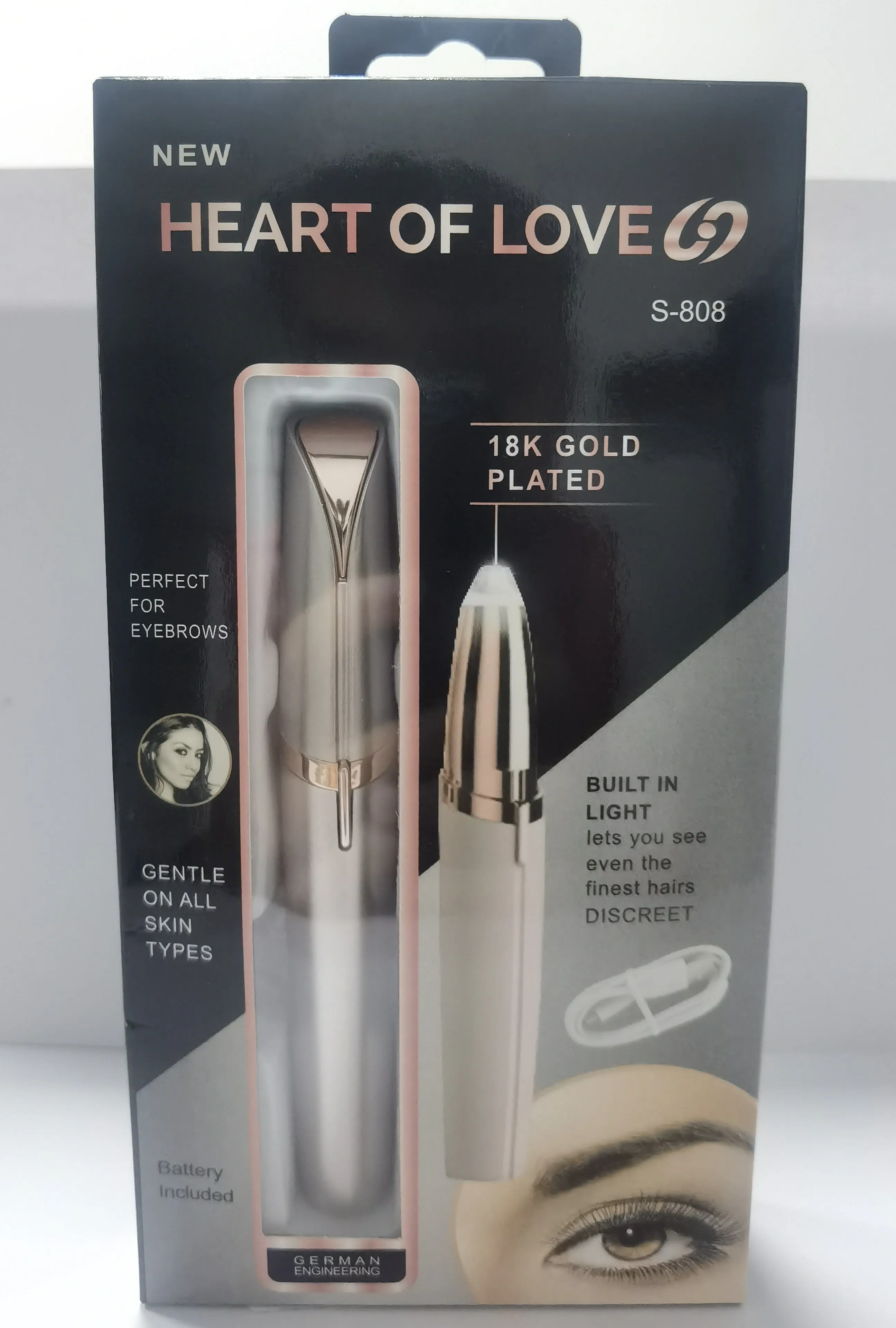 Mini electric eyebrow trimmer lipstick style with LED light and gold plated head for painless hair removal