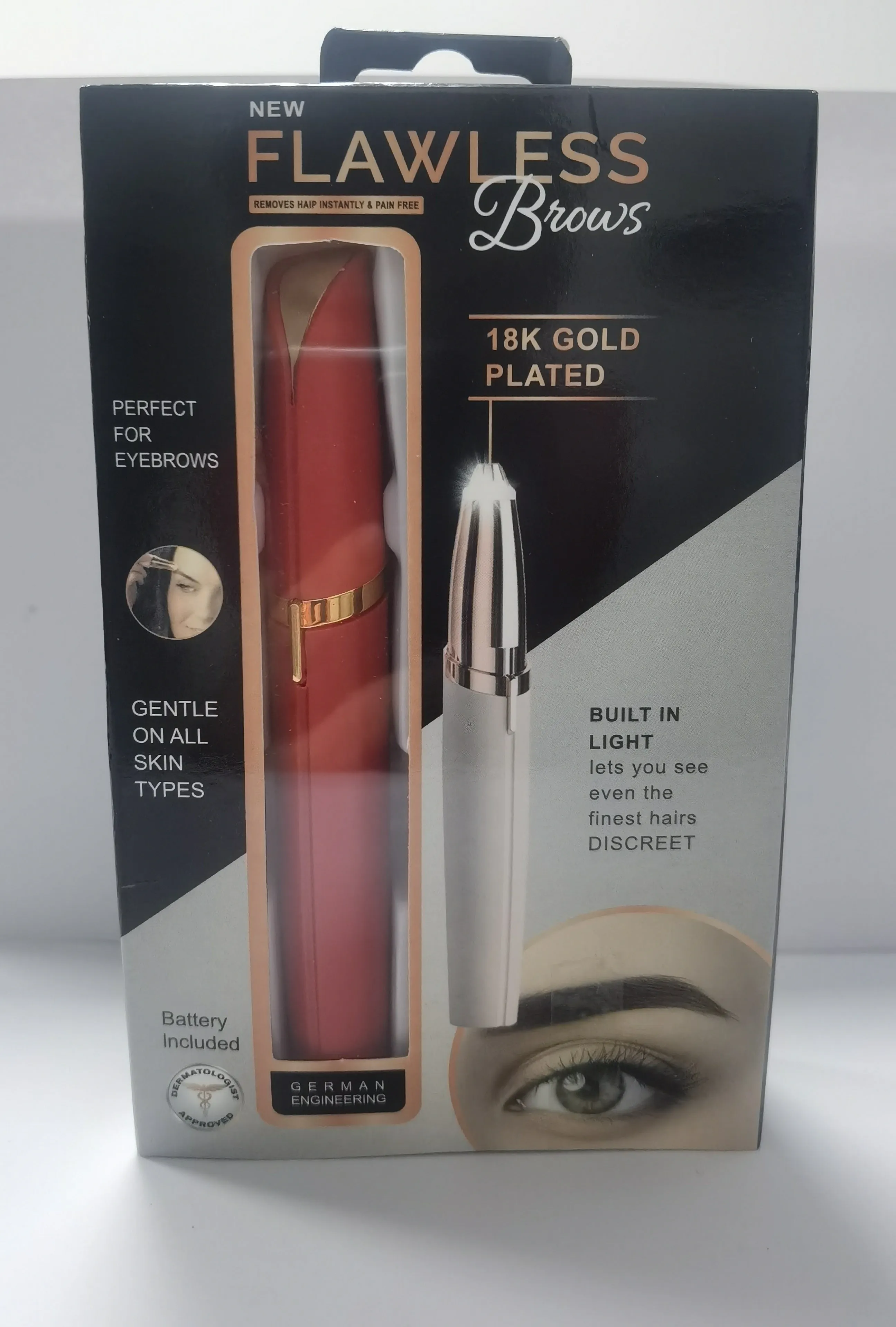 Mini electric eyebrow trimmer lipstick style with LED light and gold plated head for painless hair removal