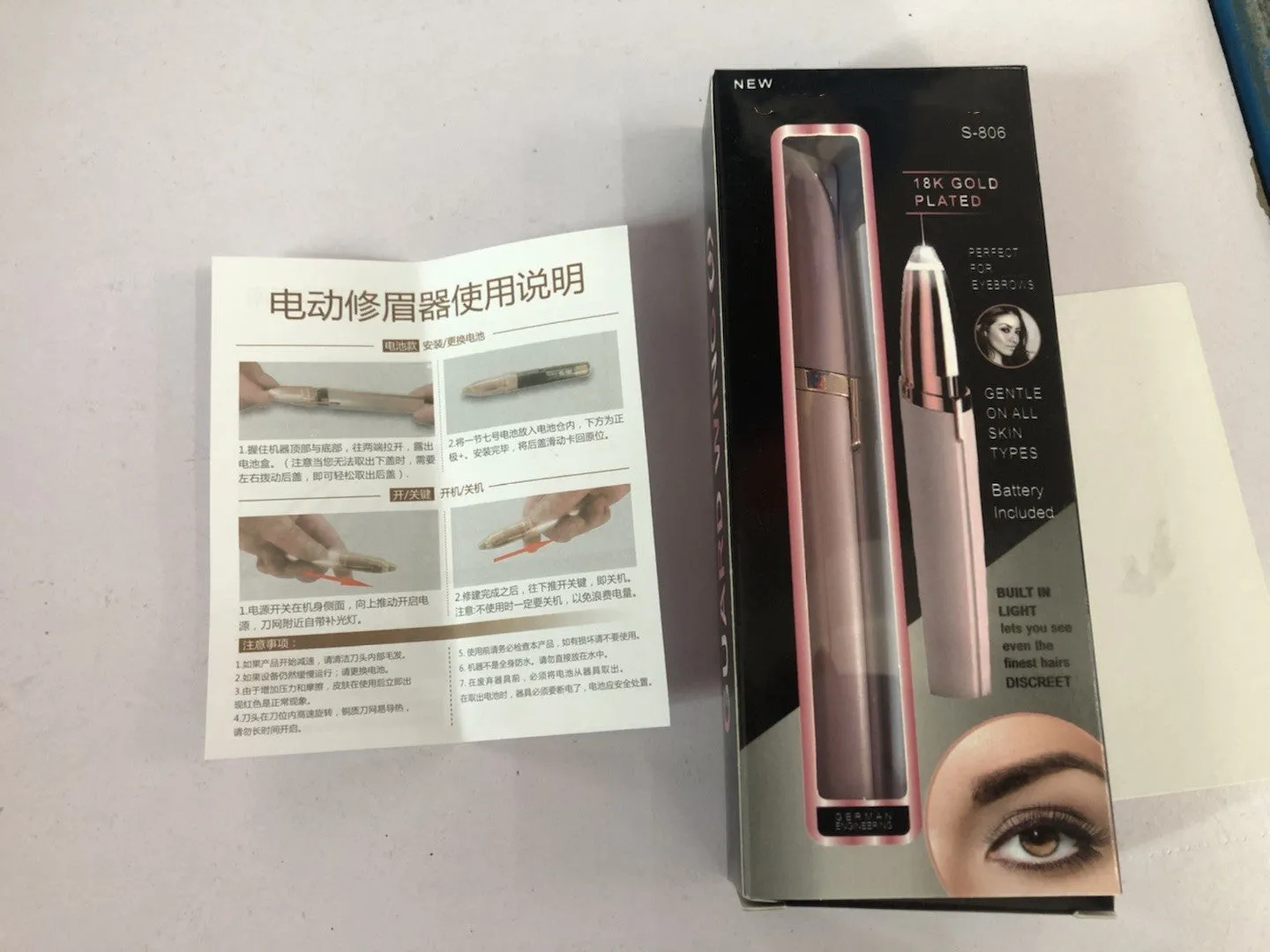 Mini electric eyebrow trimmer lipstick style with LED light and gold plated head for painless hair removal