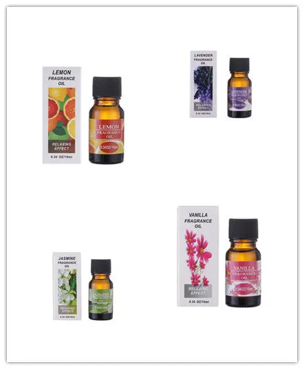 Set of 12 small glass bottles of aromatherapy essential oil, 10ml each, with labels showing Lavender, Rose, Lemon, and other fragrances.