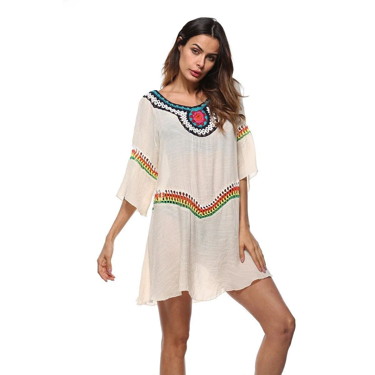 Crocheted ethnic style beach cover-up top in apricot colour for sun protection