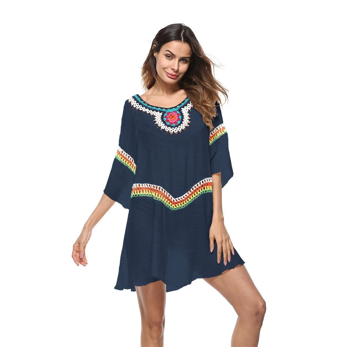 Crocheted ethnic style beach cover-up top in apricot colour for sun protection