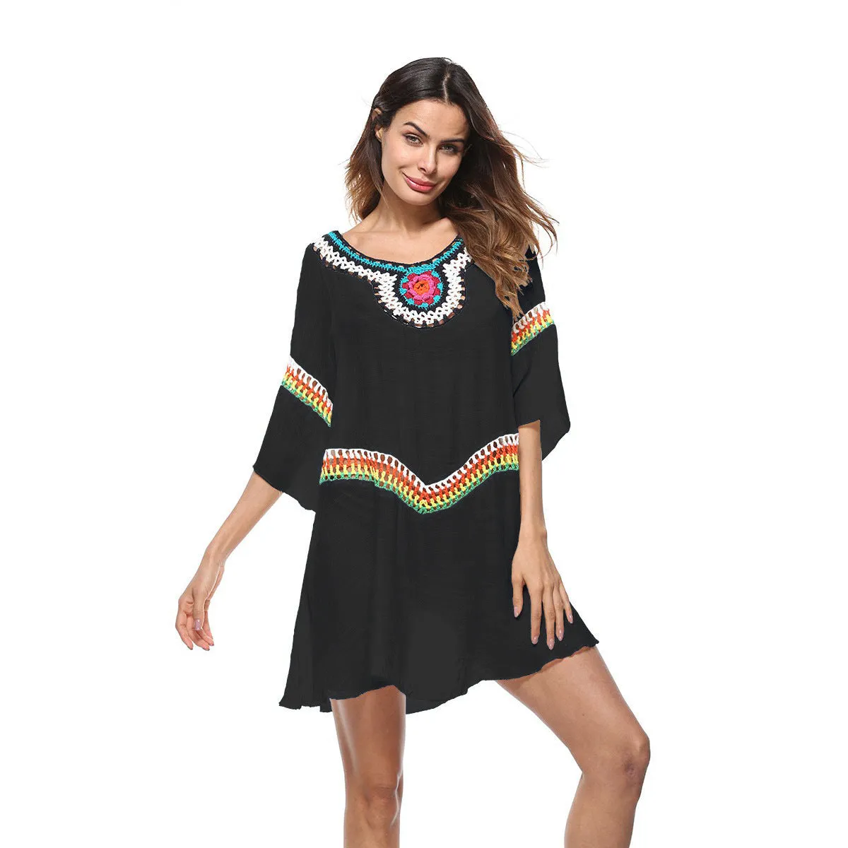 Crocheted ethnic style beach cover-up top in apricot colour for sun protection