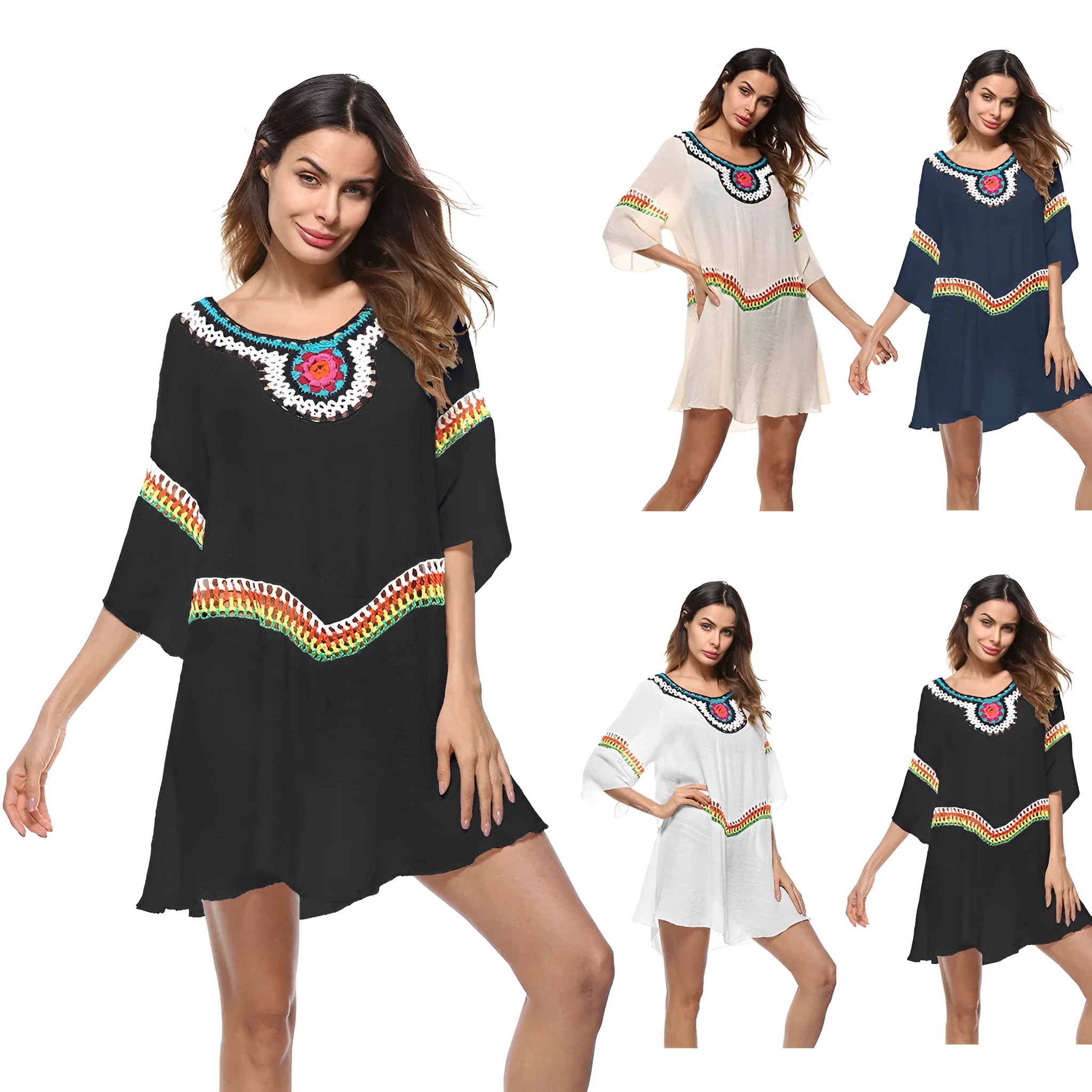 Crocheted ethnic style beach cover-up top in apricot colour for sun protection