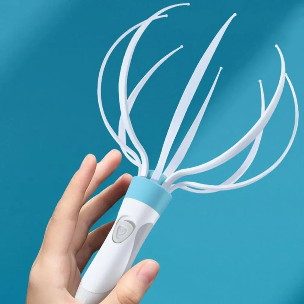 White electric head massager with eight removable vibration claws on a clean background