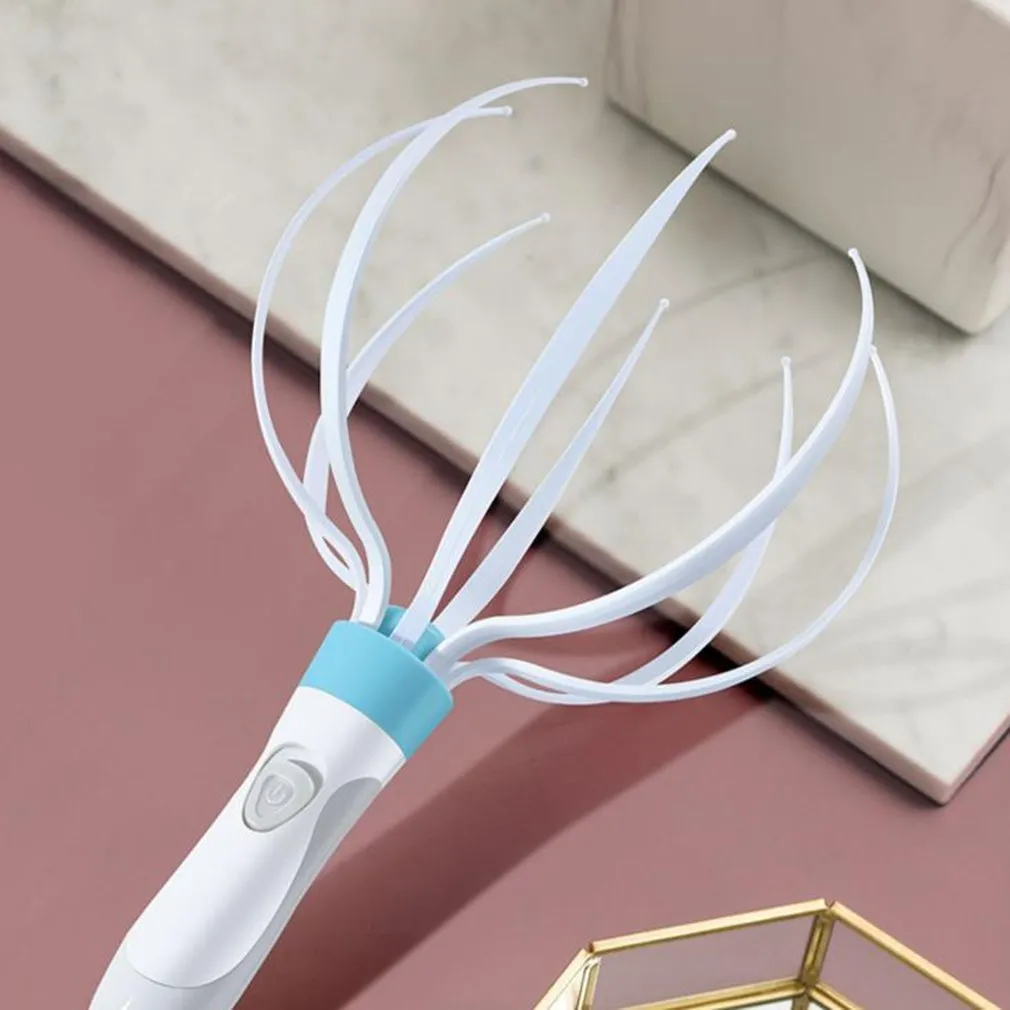 White electric head massager with eight removable vibration claws on a clean background