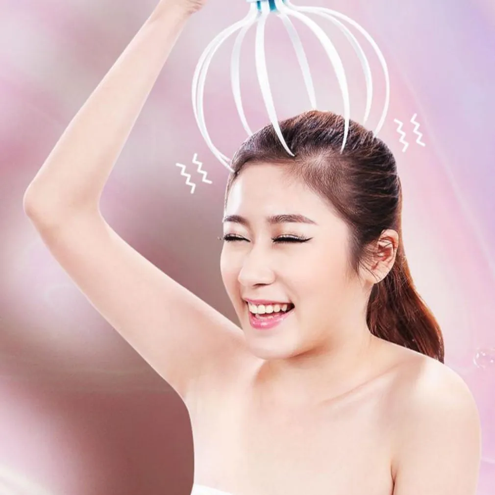 White electric head massager with eight removable vibration claws on a clean background