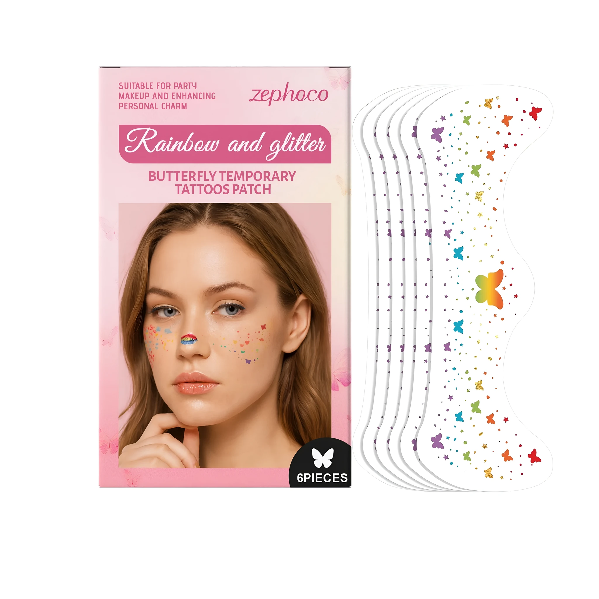Rainbow and glitter butterfly temporary tattoo patch on skin, pack of 6 pieces