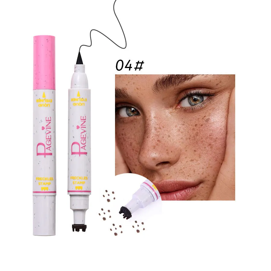 Women's double-headed brown liquid eyeliner pen with fleck removal tip and eyebrow pencil included on white background