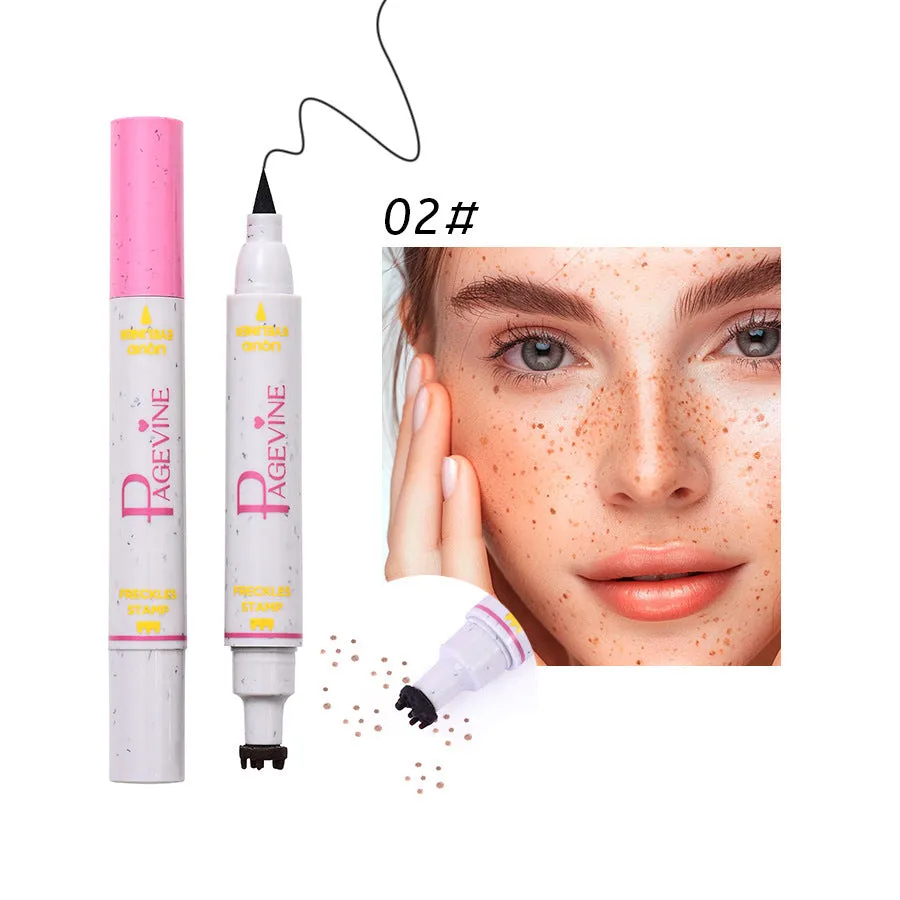 Women's double-headed brown liquid eyeliner pen with fleck removal tip and eyebrow pencil included on white background