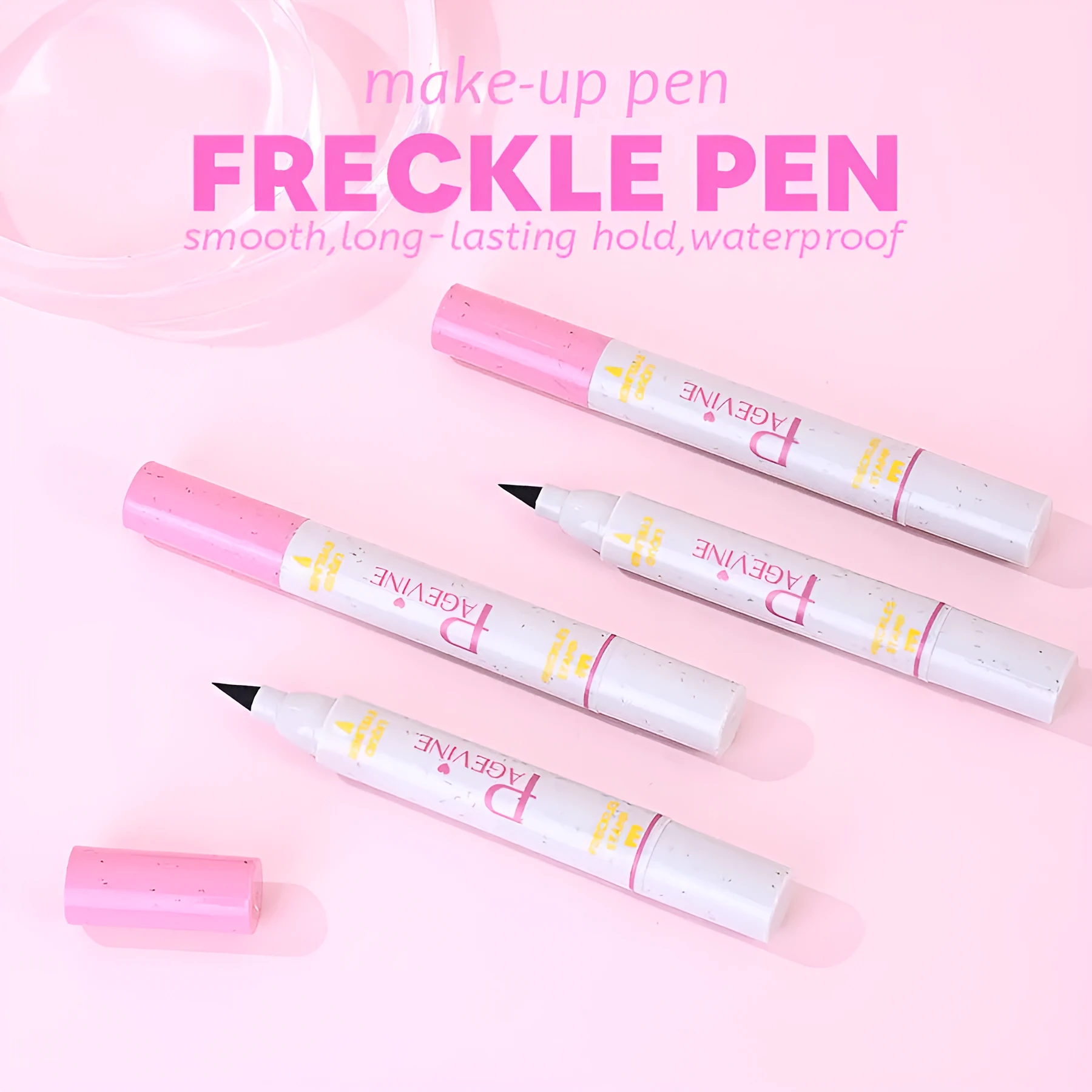 Women's double-headed brown liquid eyeliner pen with fleck removal tip and eyebrow pencil included on white background