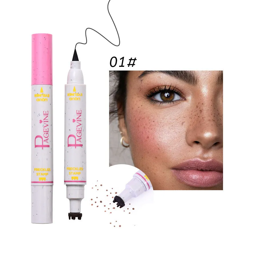 Women's double-headed brown liquid eyeliner pen with fleck removal tip and eyebrow pencil included on white background