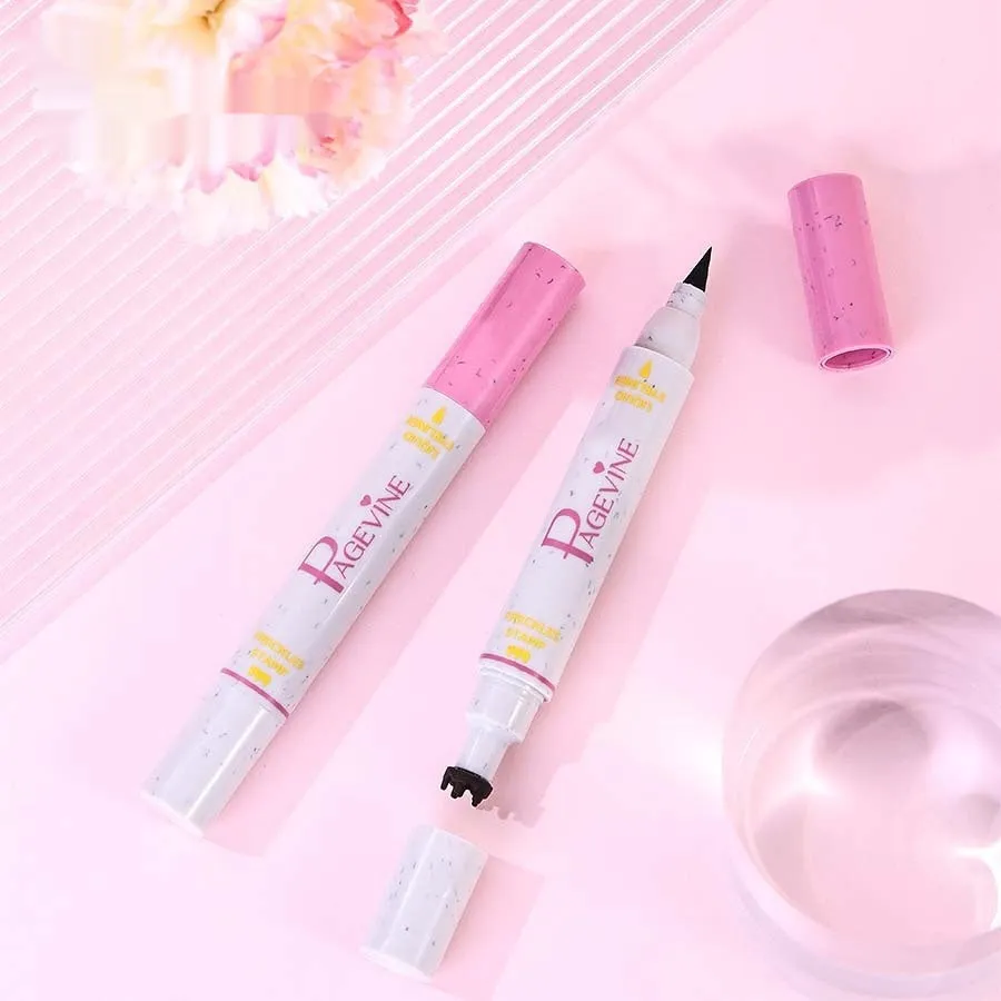 Women's double-headed brown liquid eyeliner pen with fleck removal tip and eyebrow pencil included on white background