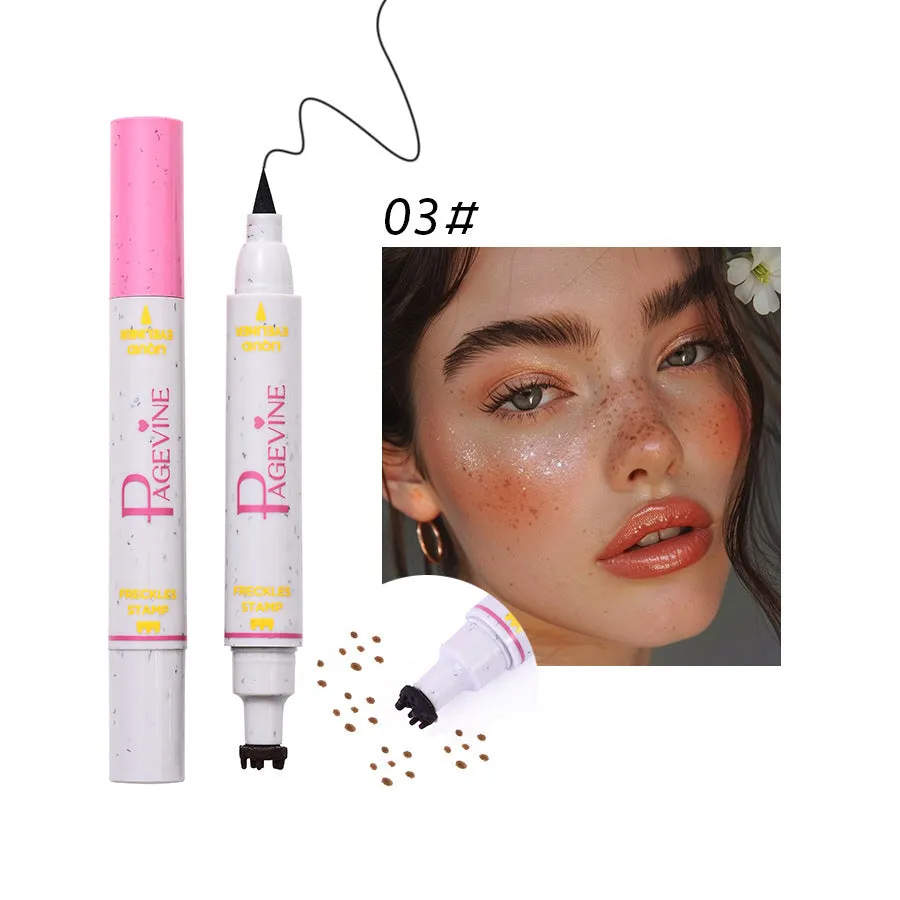 Women's double-headed brown liquid eyeliner pen with fleck removal tip and eyebrow pencil included on white background