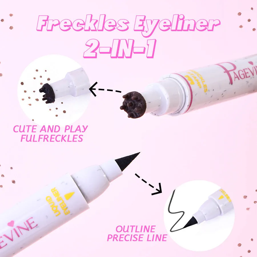 Women's double-headed brown liquid eyeliner pen with fleck removal tip and eyebrow pencil included on white background