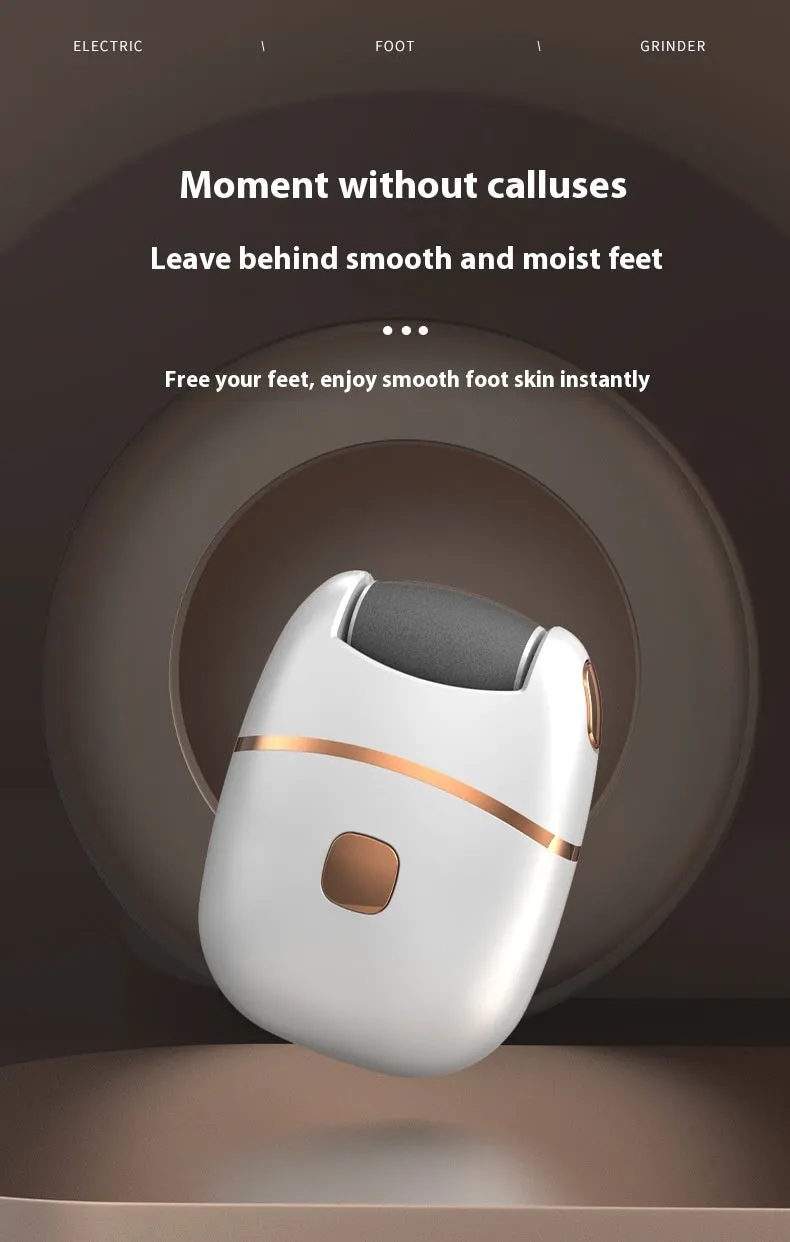 White electric foot grinder with ergonomic handle, debris suction port, and adjustable speed control on a table top