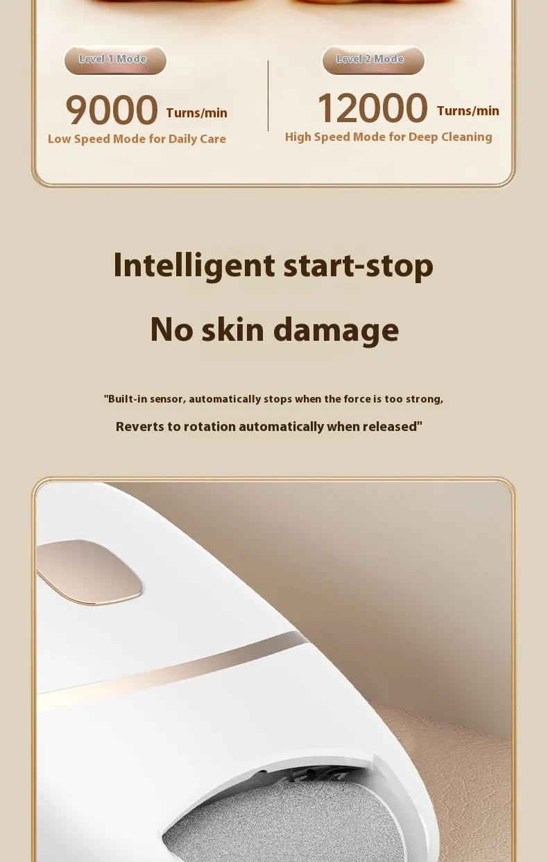 White electric foot grinder with ergonomic handle, debris suction port, and adjustable speed control on a table top