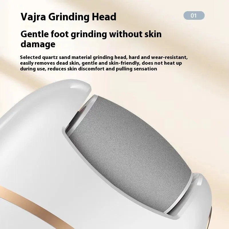 White electric foot grinder with ergonomic handle, debris suction port, and adjustable speed control on a table top