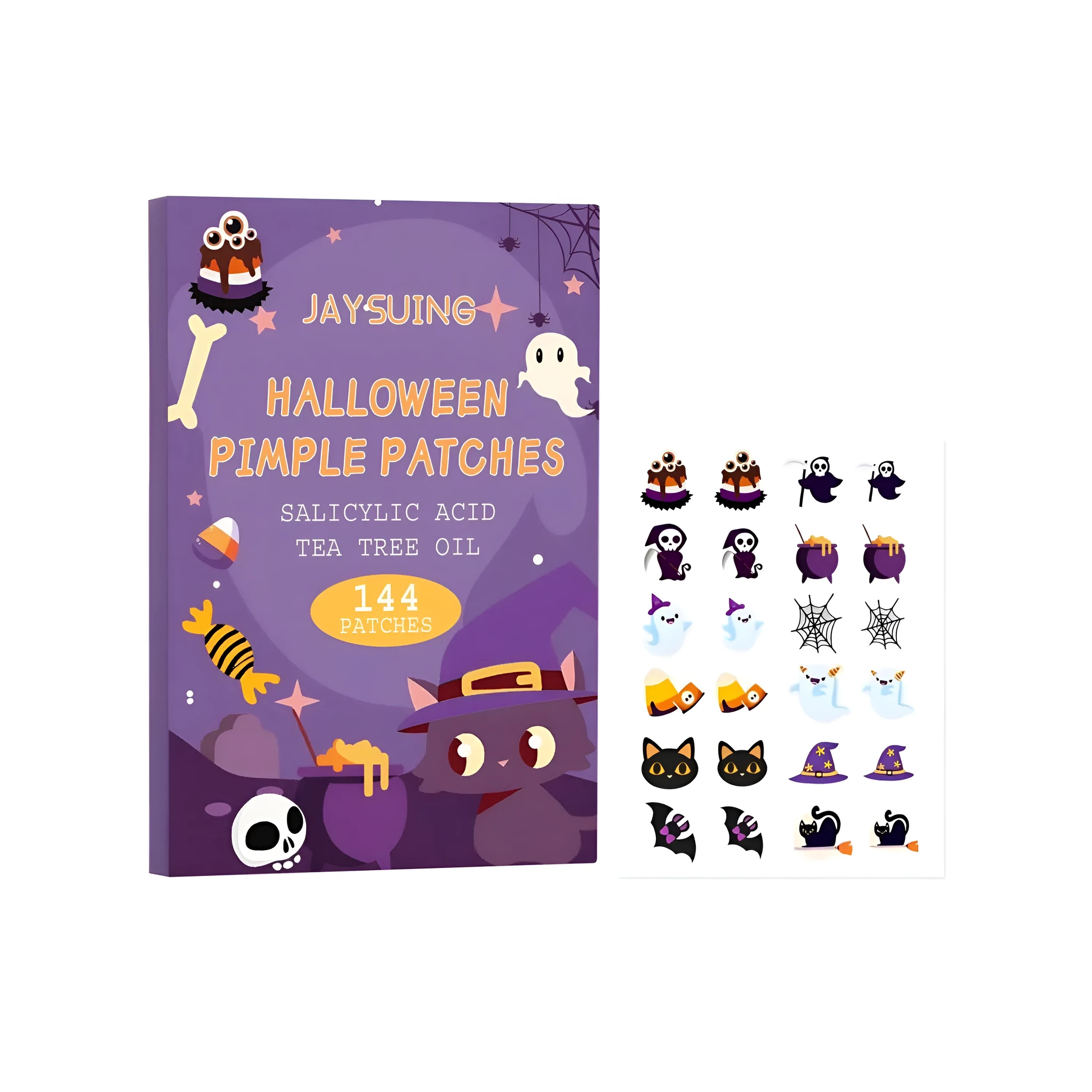 Halloween acne patch pack with 144 patches featuring tea tree oil and vitamin E