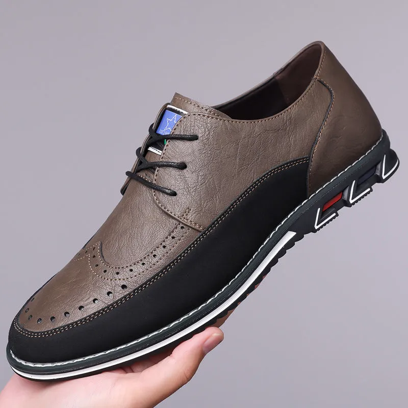 Men's low-top casual leather shoes with a leather toe cap and sewing line detail on fabric upper.