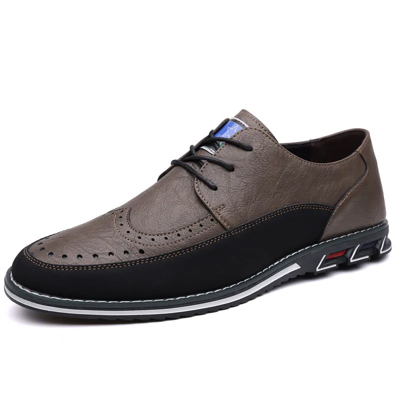 Men's low-top casual leather shoes with a leather toe cap and sewing line detail on fabric upper.