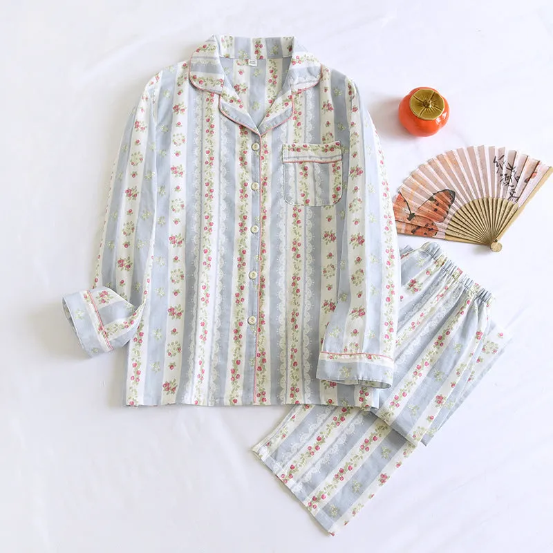 Japanese Sweet ladies red fruit print cotton gauze long sleeve top and trousers two-piece homewear set.
