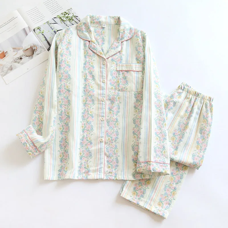 Japanese Sweet ladies red fruit print cotton gauze long sleeve top and trousers two-piece homewear set.