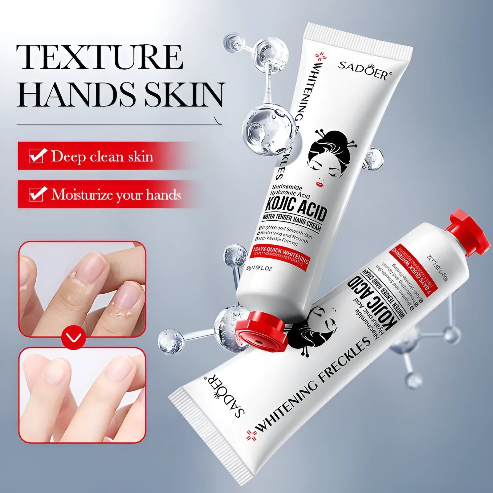 Kojic Acid Beautiful White Skin Rejuvenation Hand Cream 30g tube on white background