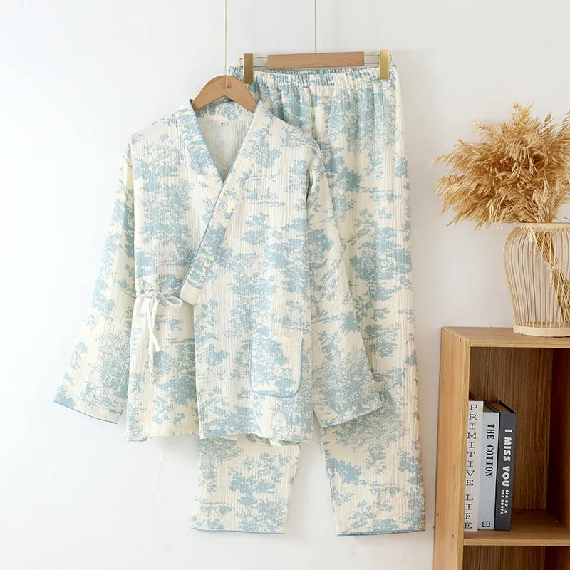 Women's cotton gauze two-piece suit with long sleeves and lace-up trousers in frosted pine trees colour