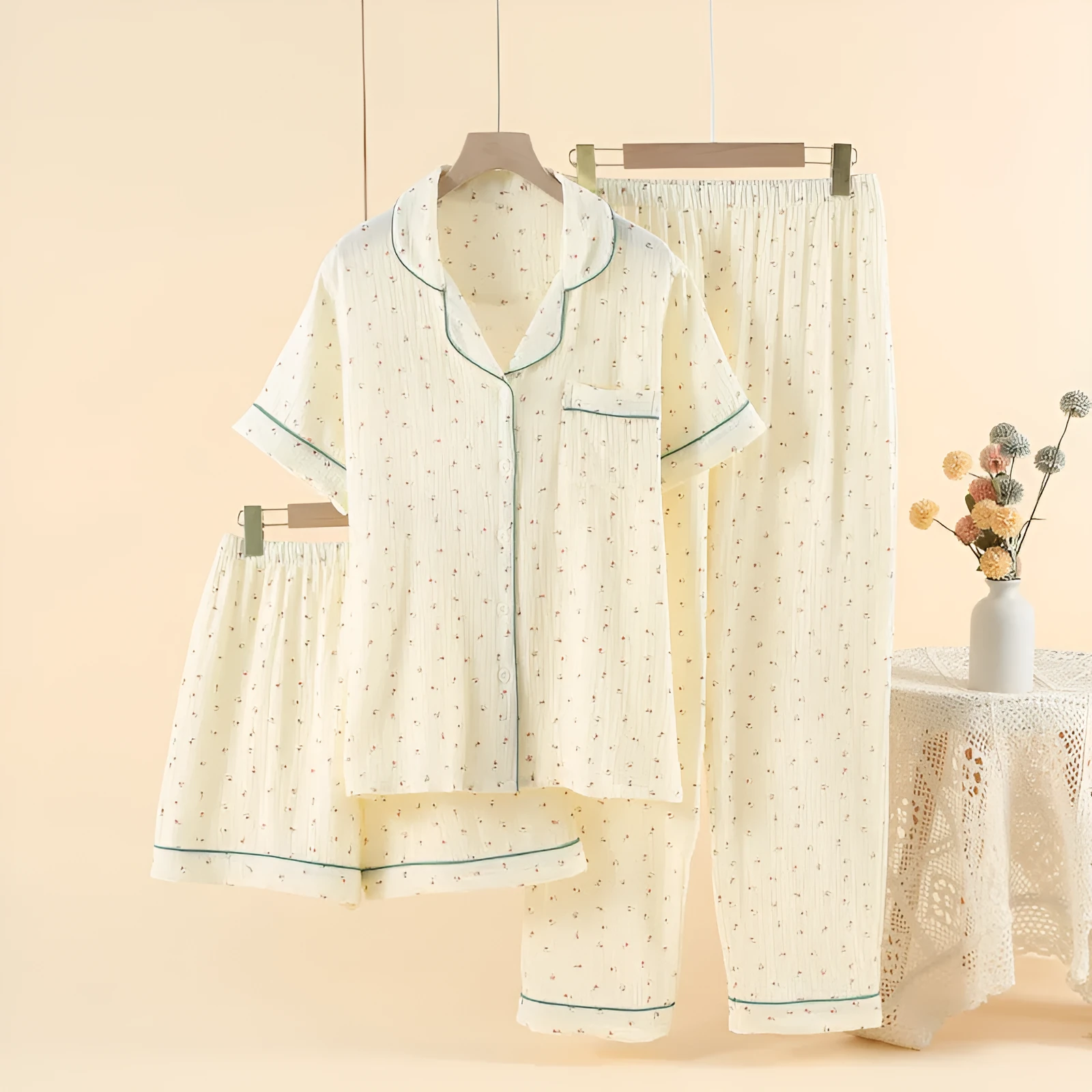 Women's cotton three-piece pajama set with lapel top and trousers in pastoral curcuma colour