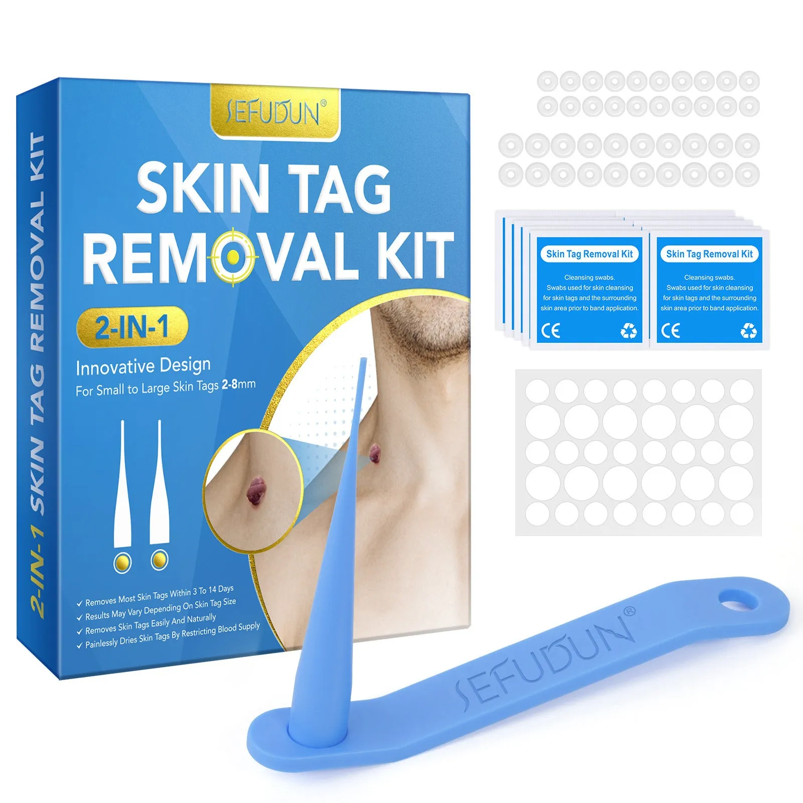 SEFUDUN Simple Wart Removal Tool in blue, green, and orange for at-home mole and skin tag removal