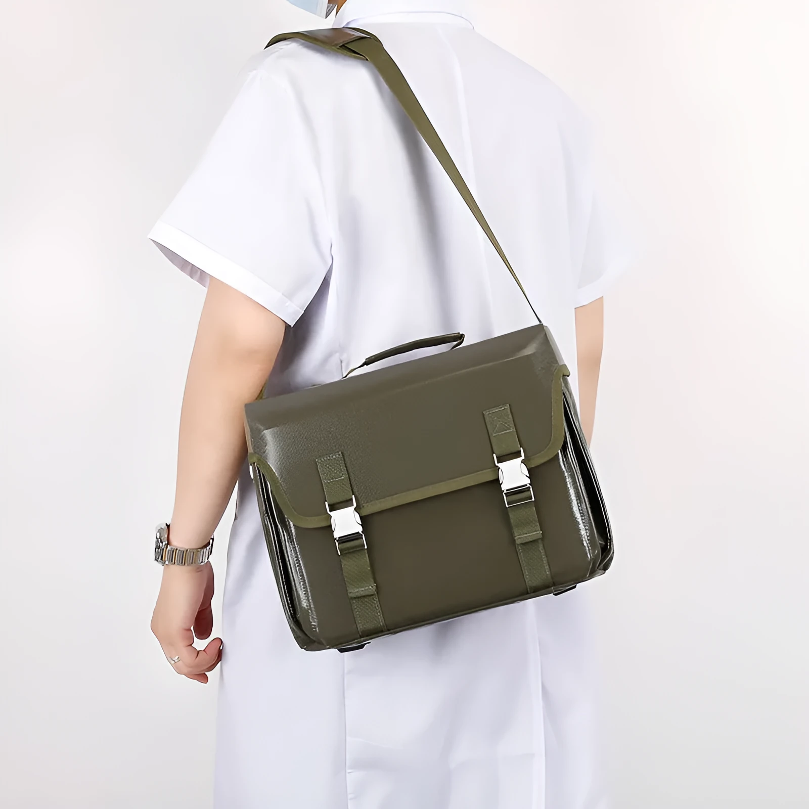 Portable emergency first aid kit backpack in army green with logo, designed for outdoor and home use
