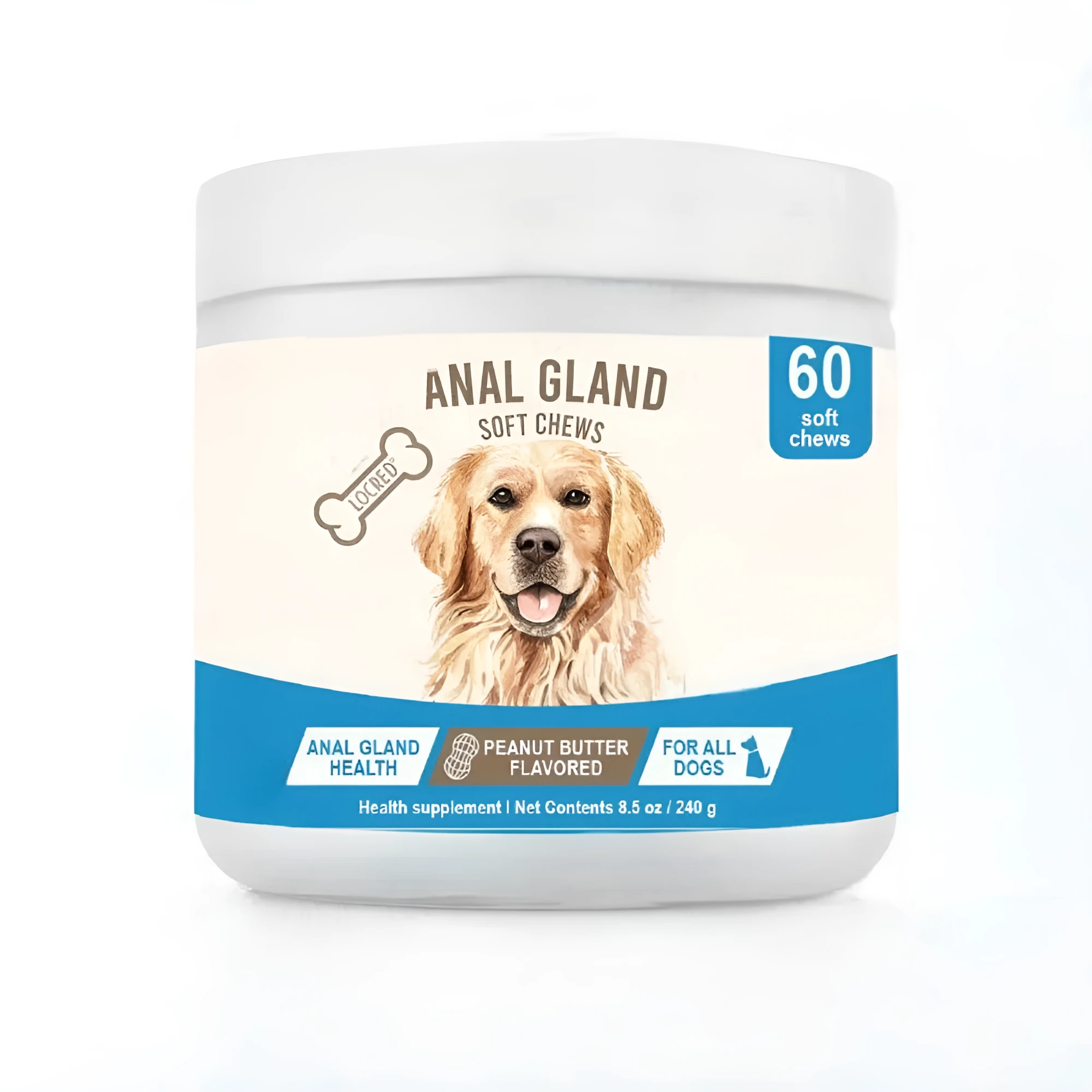 Soft chewable dog gland support tablets in a 60-count bottle for canine anal gland health