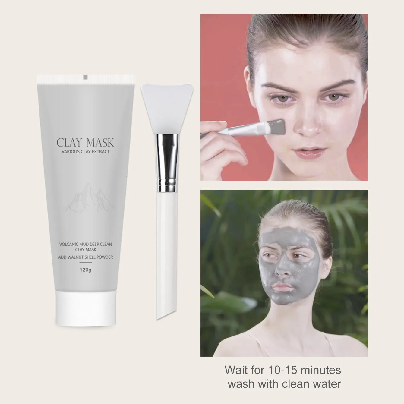 Volcanic mud mask 120ml pot with brush, deep cleansing facial mask for oily and sensitive skin