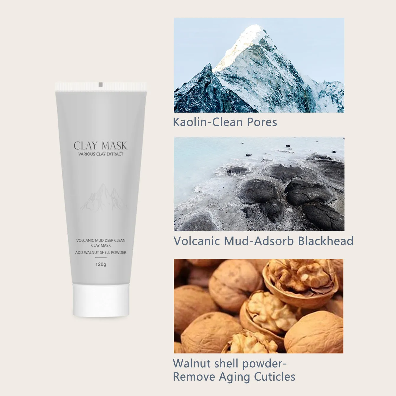 Volcanic mud mask 120ml pot with brush, deep cleansing facial mask for oily and sensitive skin