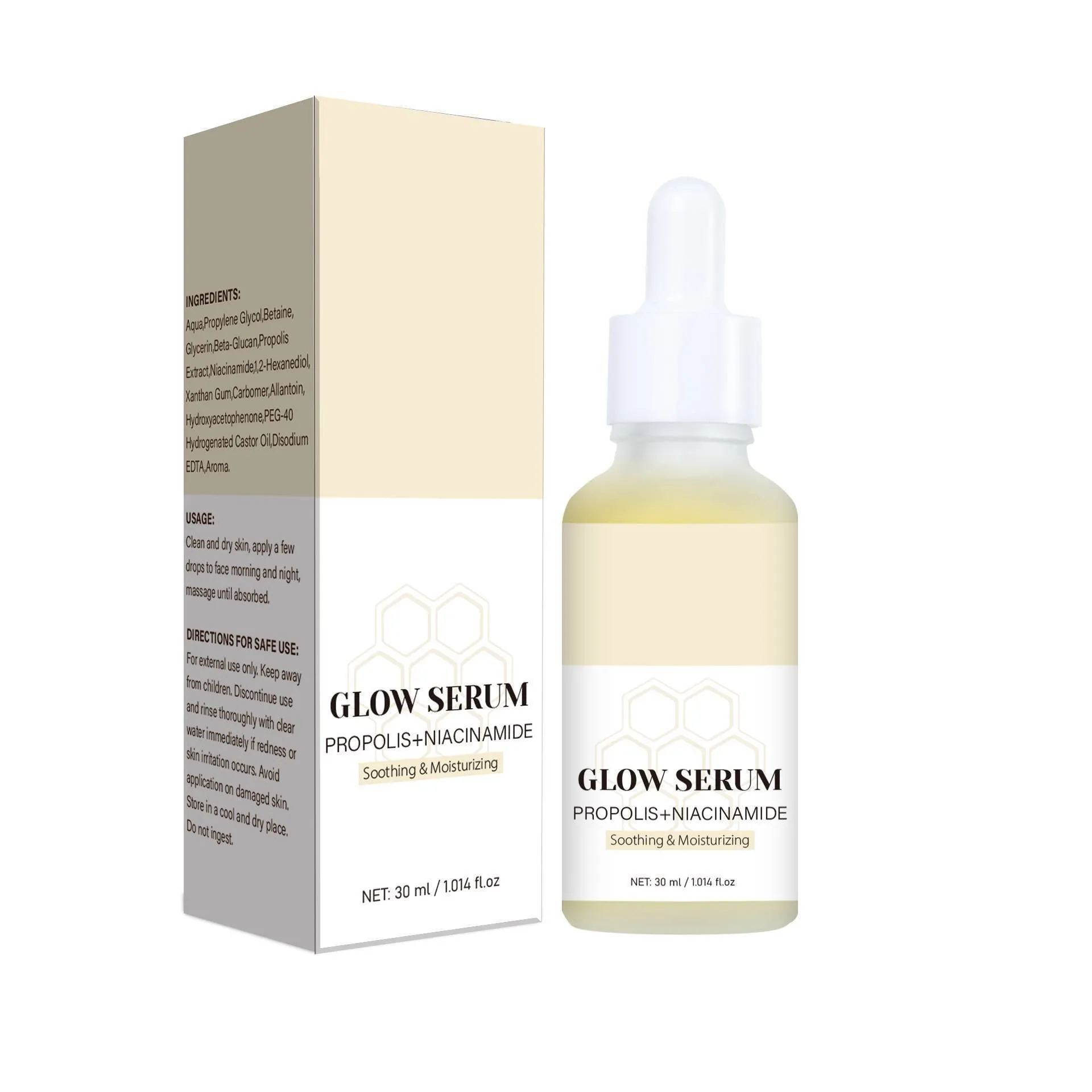 30ml propolis nicotinamide radiant essence serum bottle on white background