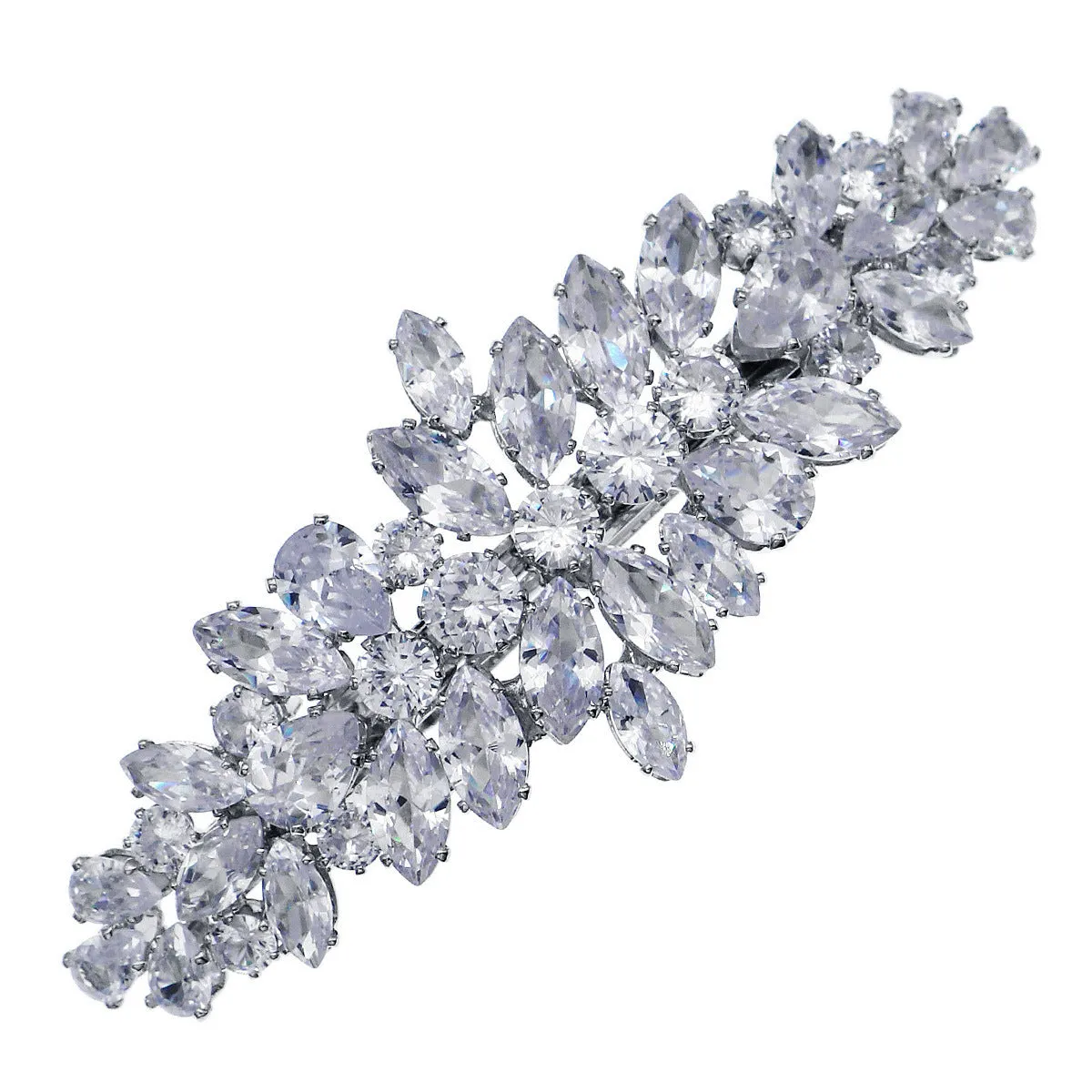Women's inlaid zircon spring clip barrette with leaf pattern, electroplated finish, side view