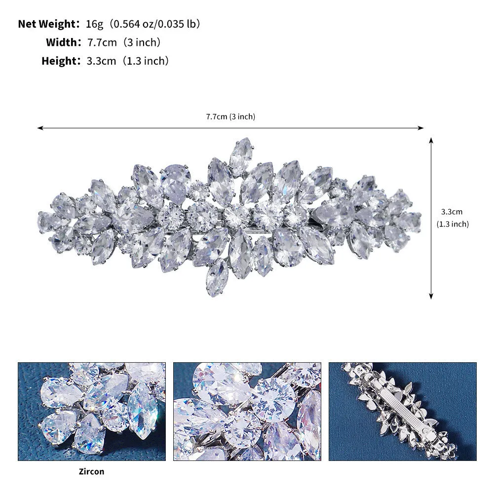 Women's inlaid zircon spring clip barrette with leaf pattern, electroplated finish, side view