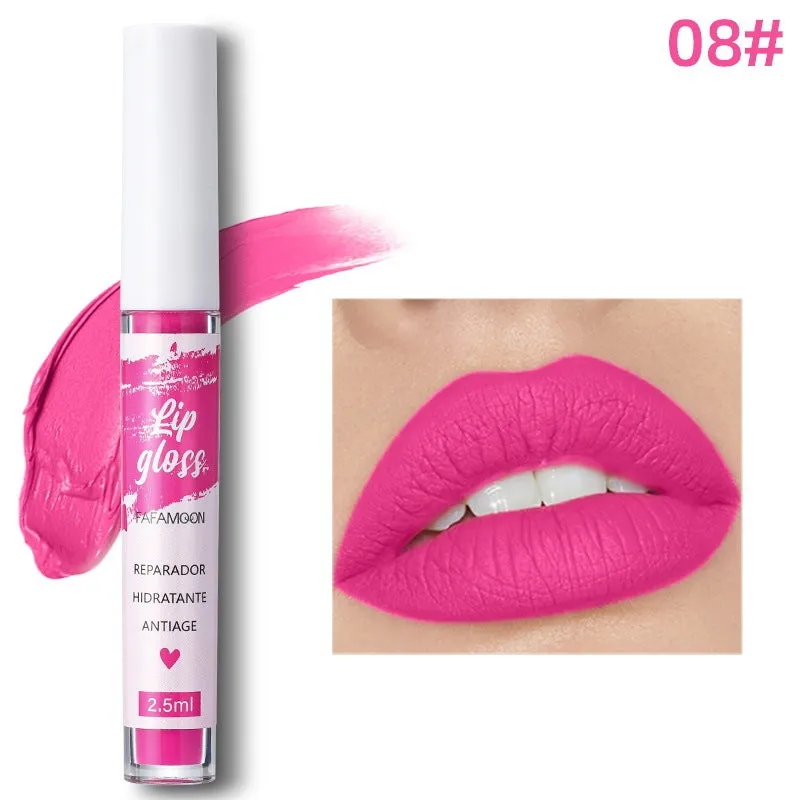 Matte velvet lip gloss tube in 2.5ml size with non-stick cup, long-lasting non-fading colour