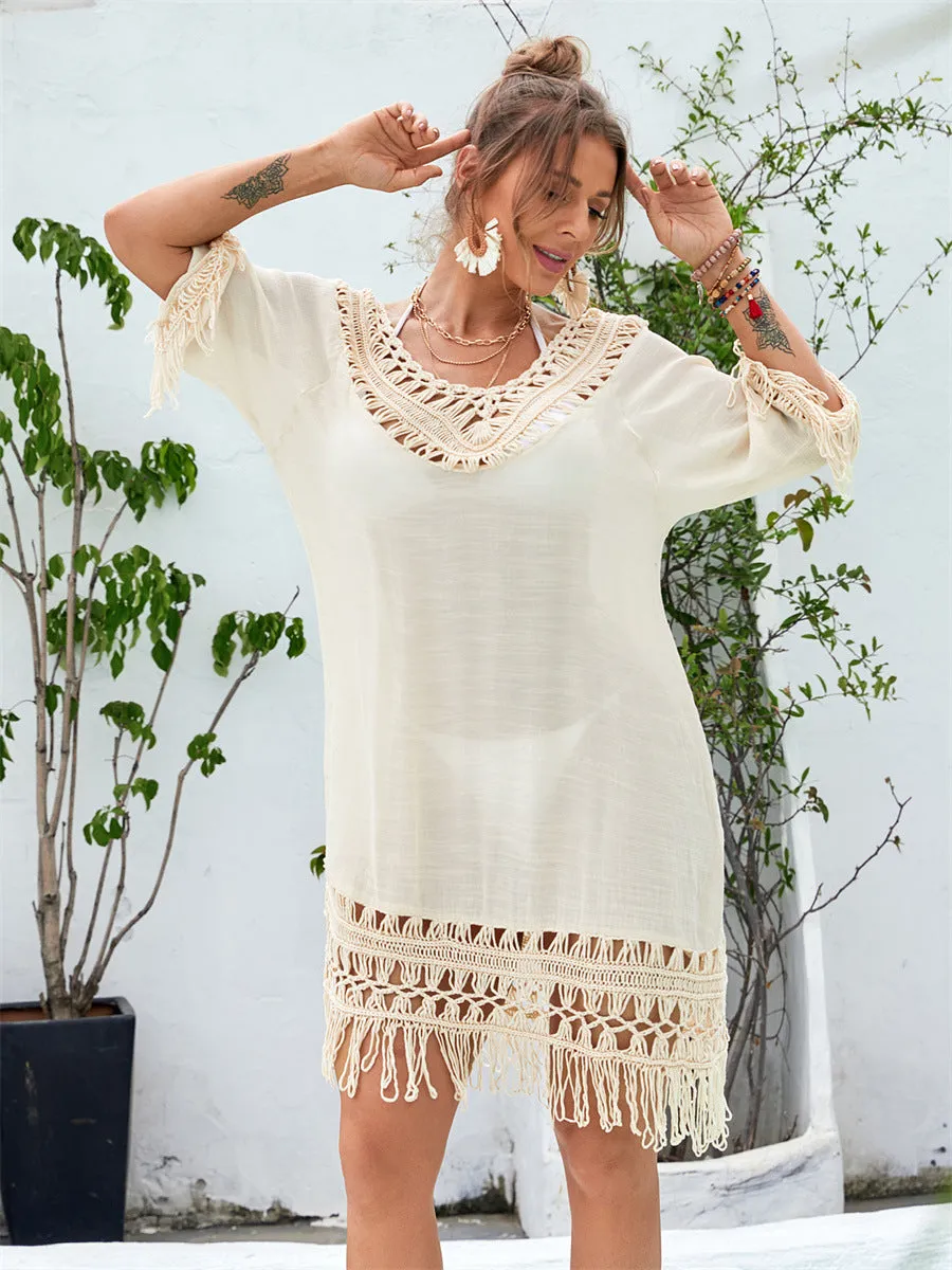 Apricot coloured hand-crocheted beach dress with polyester lining for women's swimming and beach wear