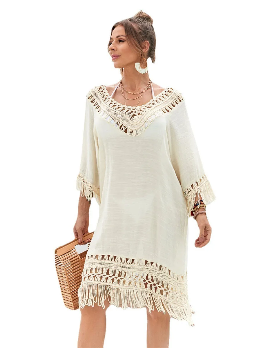 Apricot coloured hand-crocheted beach dress with polyester lining for women's swimming and beach wear