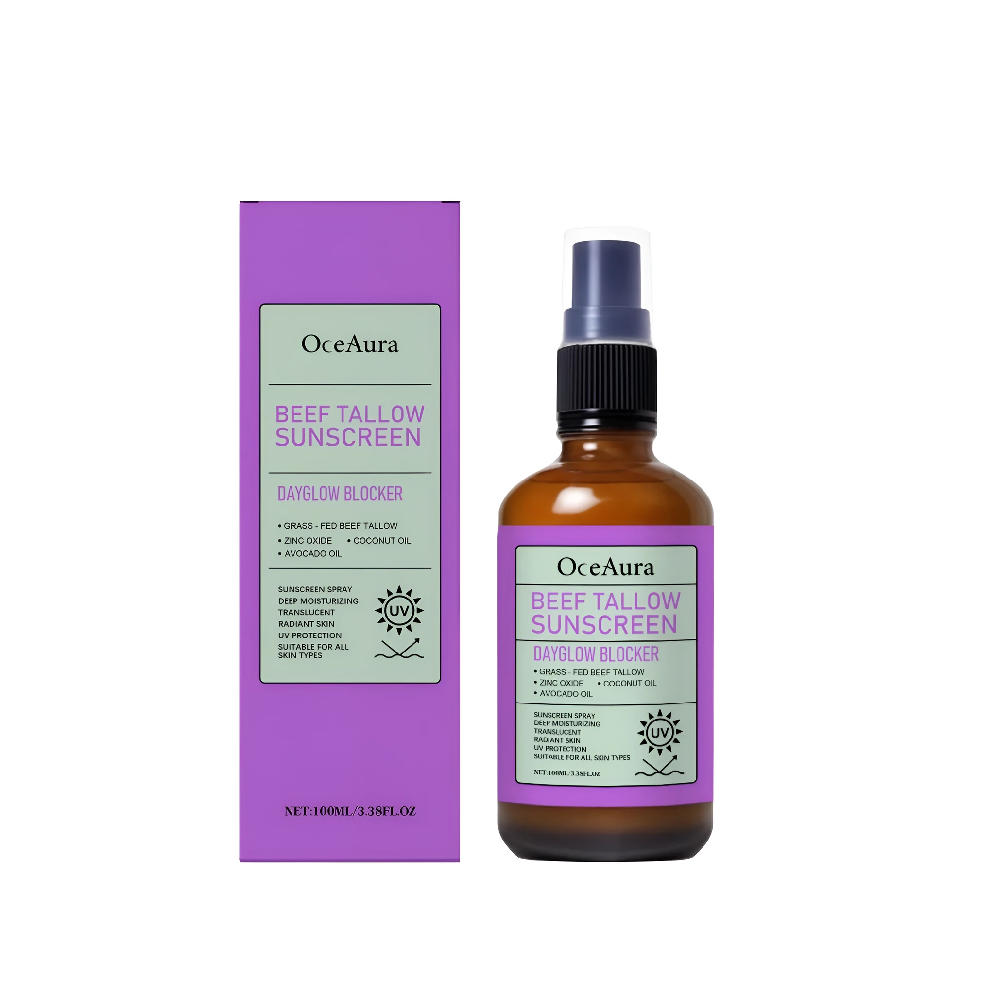 Coconut oil sunscreen spray 100ml bottle with mineral UV filters and avocado oil