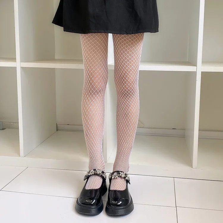Women's mesh stockings showing large, medium and small net patterns in black and white colours