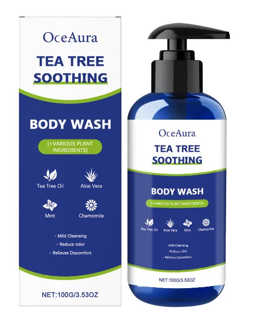 Tea Tree Soothing Shower Gel 100g with ingredients including aloe vera and chamomile extracts