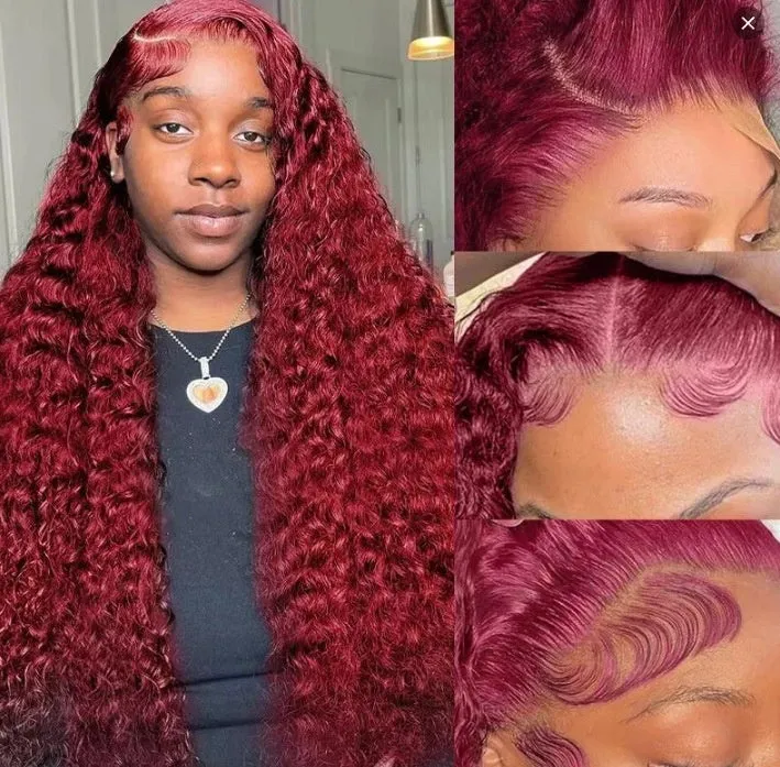 Women's front lace wig in long curly style with side bangs, small roll design, available in multiple colours and sizes