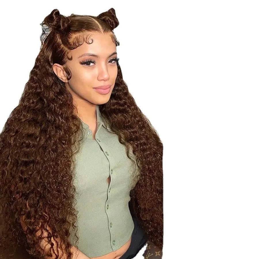 Women's front lace wig in long curly style with side bangs, small roll design, available in multiple colours and sizes