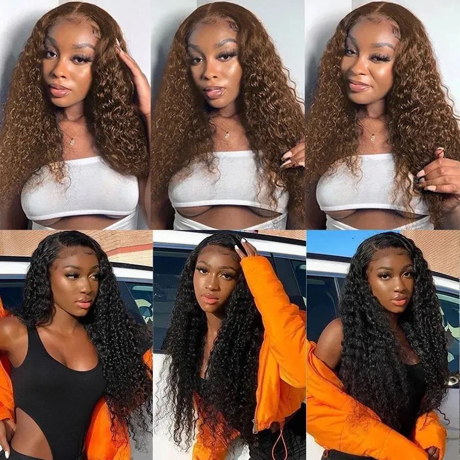 Women's front lace wig in long curly style with side bangs, small roll design, available in multiple colours and sizes