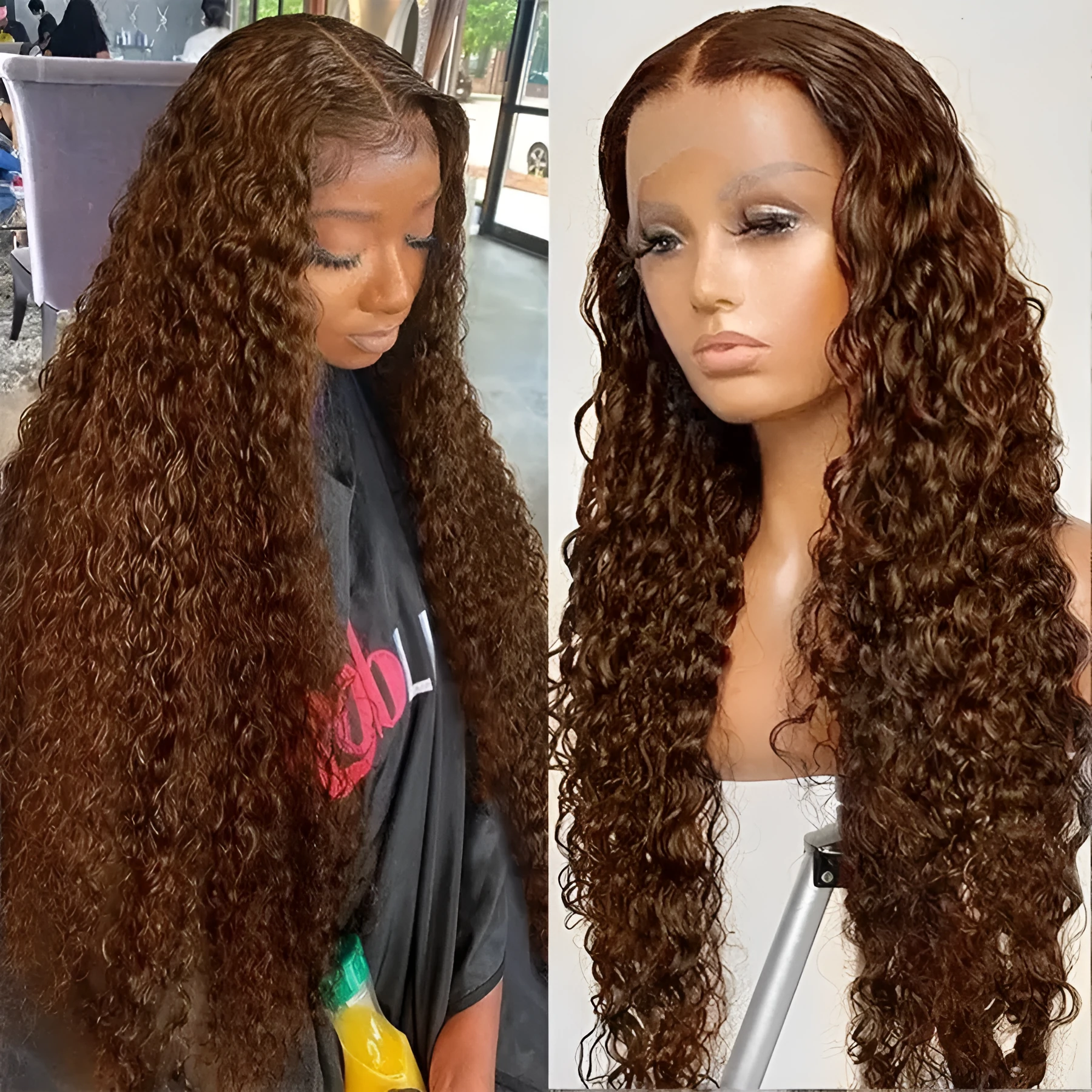 Women's front lace wig in long curly style with side bangs, small roll design, available in multiple colours and sizes